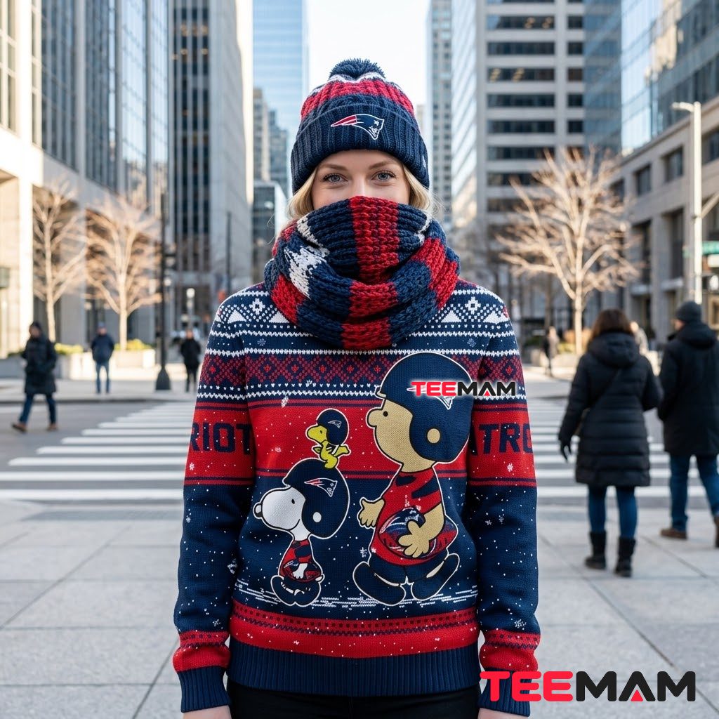 New England Patriots Ugly Christmas Sweater Snoopy Charlie Brown Design Back New England Patriots Ugly Christmas Sweater Snoopy Charlie Brown Design Back