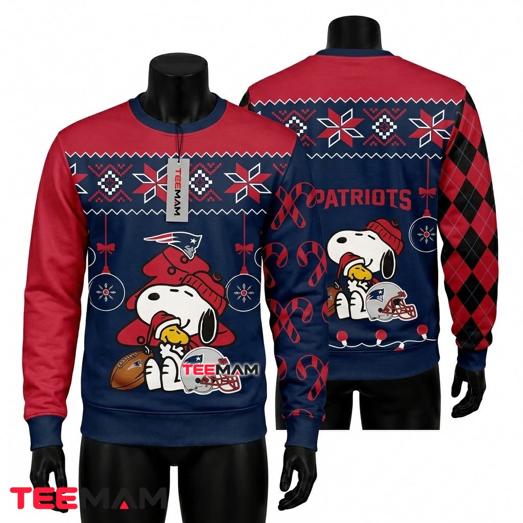 New England Patriots Ugly Christmas Sweater Snoopy Christmas Tree Design Front