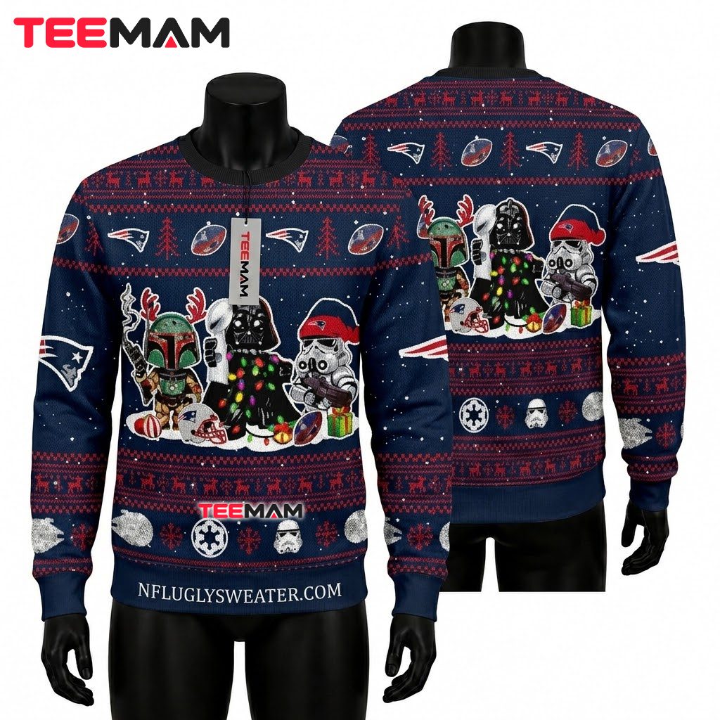 New England Patriots Ugly Christmas Sweater Star Wars Characters Design Front