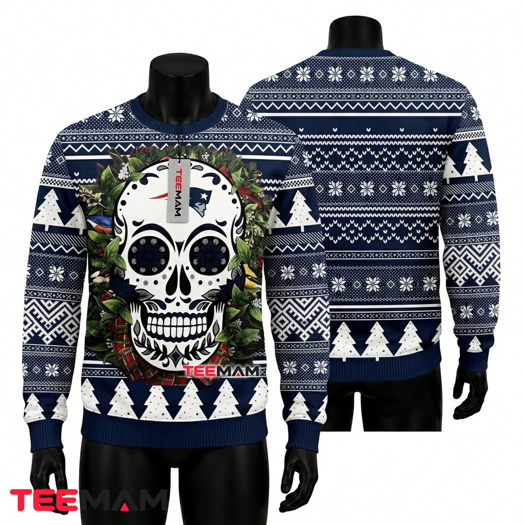 New England Patriots Ugly Christmas Sweater Sugar Skull Wreath Design Front