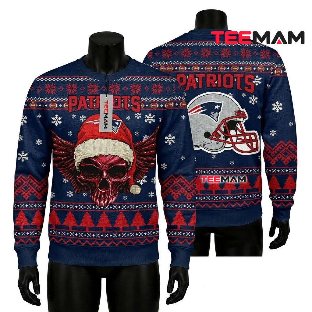New England Patriots Ugly Christmas Sweater Winged Skull Santa Design Front