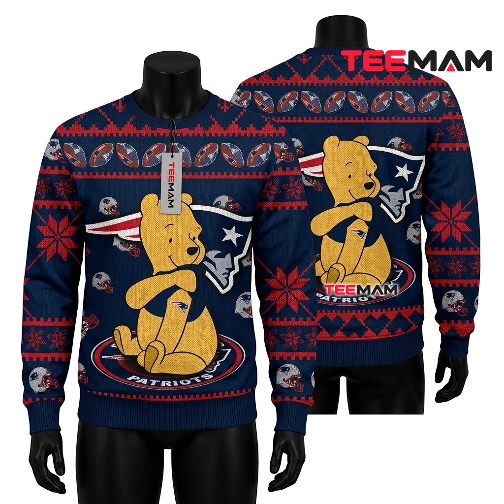 New England Patriots Ugly Christmas Sweater Winnie The Pooh Design Front