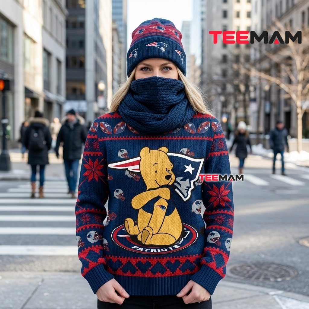New England Patriots Ugly Christmas Sweater Winnie The Pooh Design Back New England Patriots Ugly Christmas Sweater Winnie The Pooh Design Back