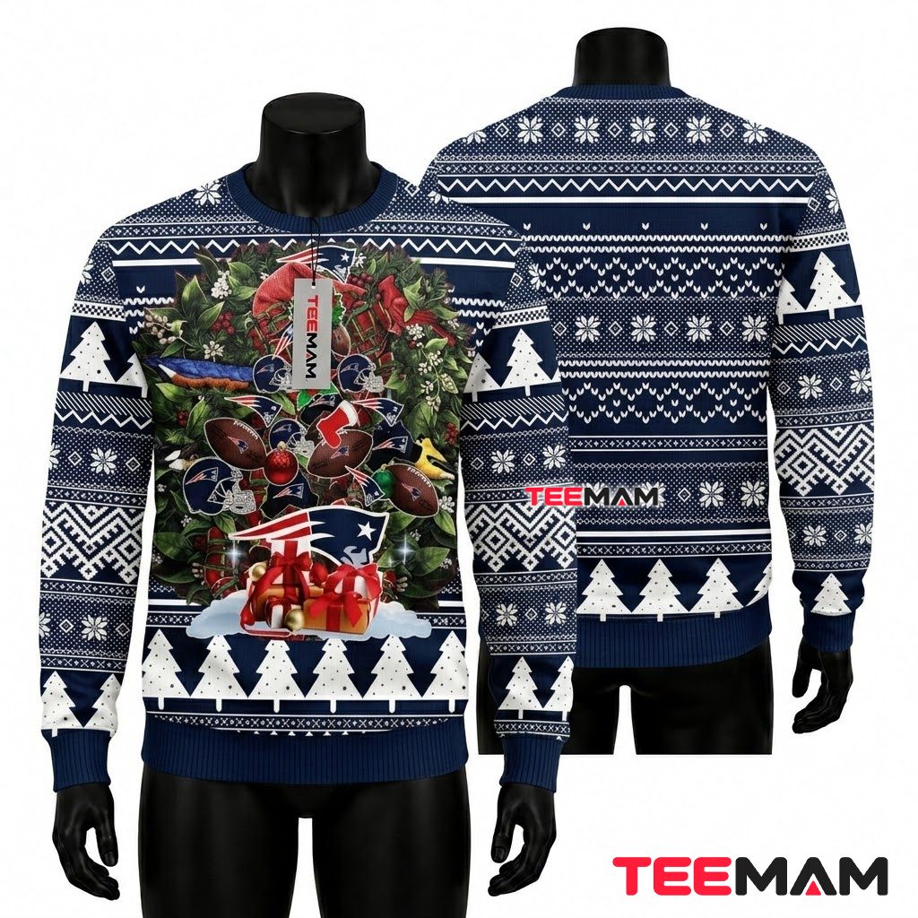 New England Patriots Ugly Christmas Sweater Wreath Gifts Design Front