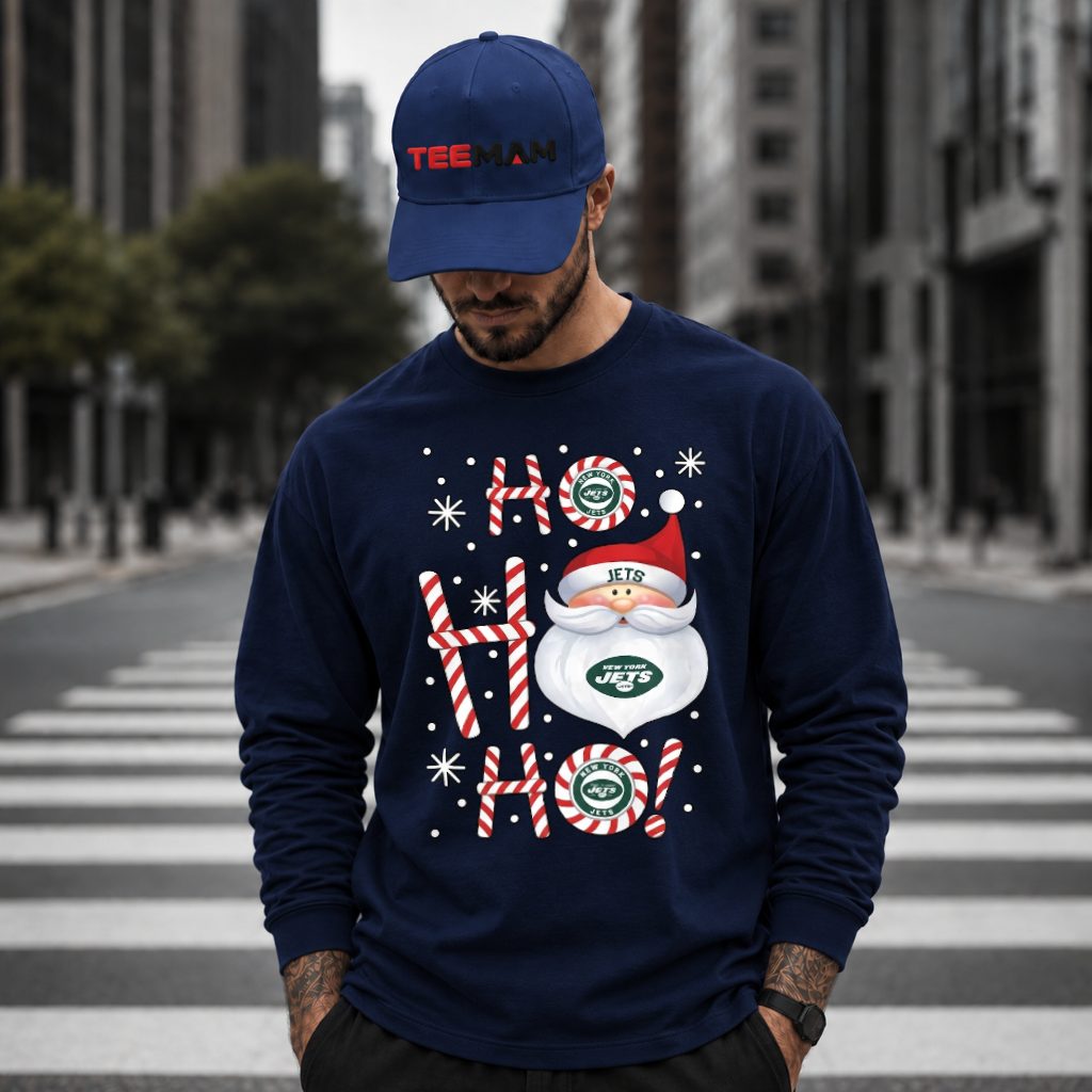 New York Jets Santa Ho Ho Candy Cane Long Sleeve New York Jets Santa Ho Ho Candy Cane Long Sleeve