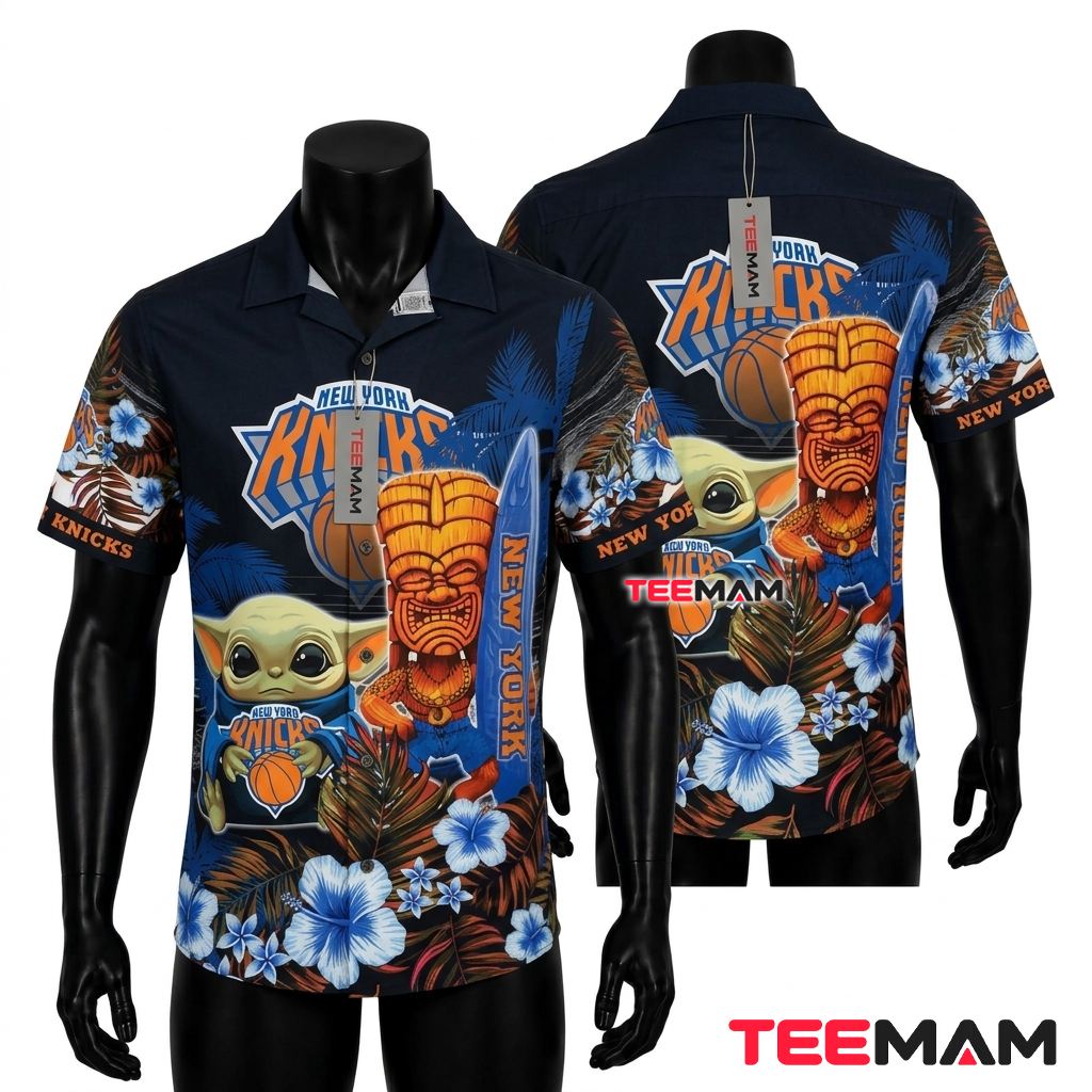 New York Knicks Aloha Shirt Baby Yoda Tiki Surfboard Front
