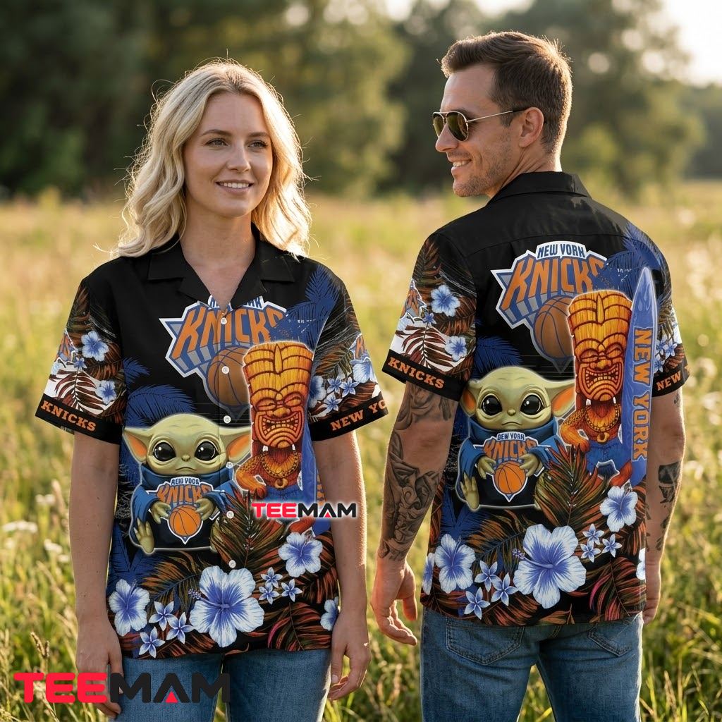New York Knicks Aloha Shirt Baby Yoda Tiki Surfboard Back New York Knicks Aloha Shirt Baby Yoda Tiki Surfboard Back
