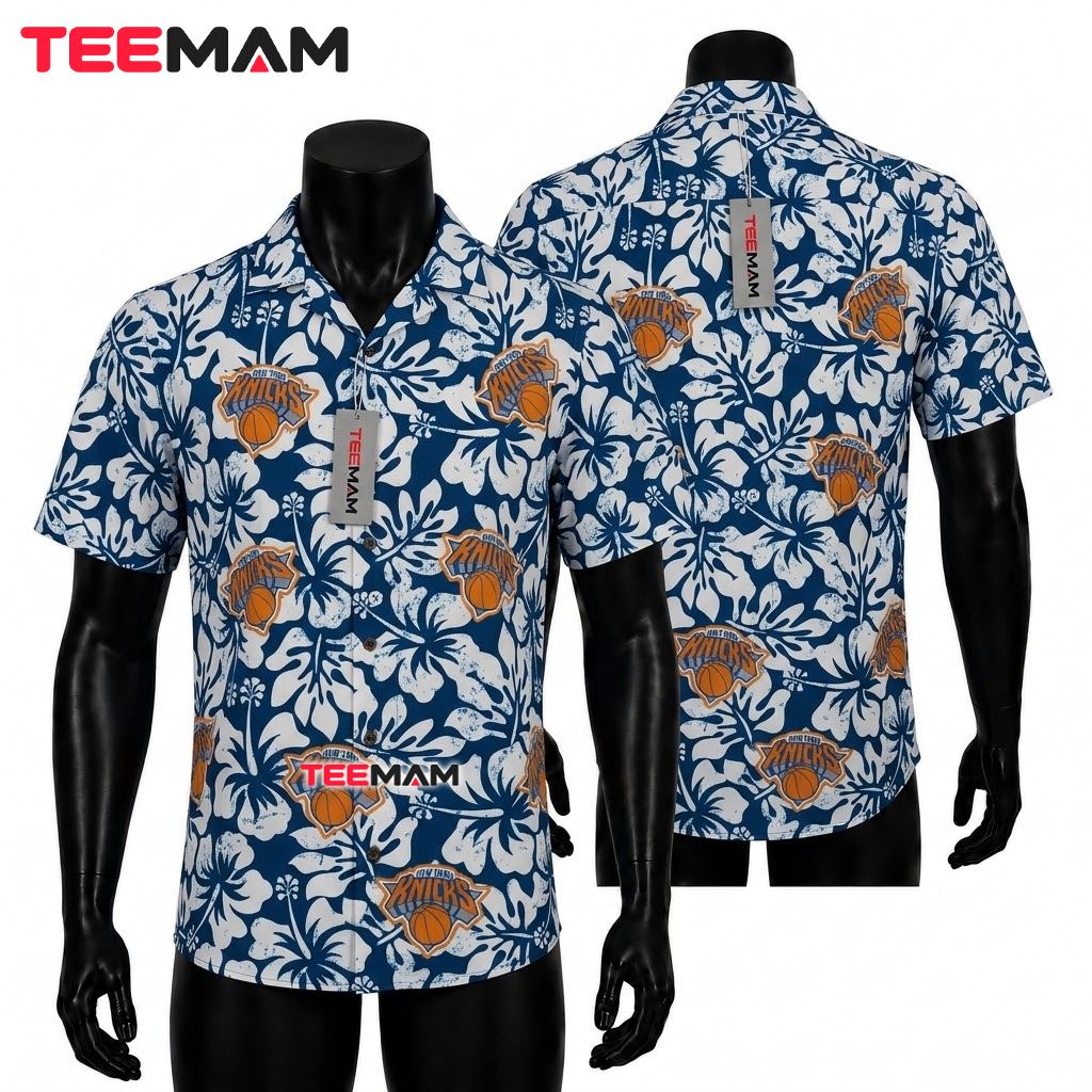 New York Knicks Aloha Shirt Navy Hibiscus Floral Front