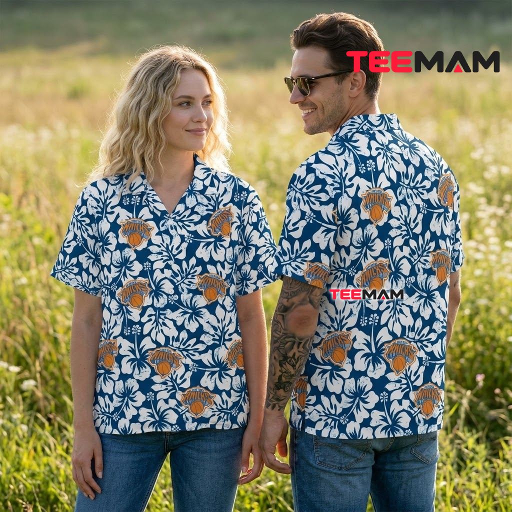 New York Knicks Aloha Shirt Navy Hibiscus Floral Back New York Knicks Aloha Shirt Navy Hibiscus Floral Back