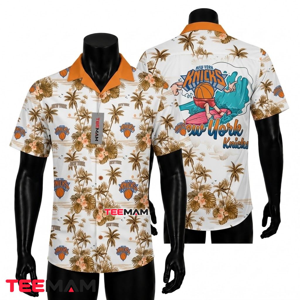 New York Knicks Aloha Shirt Surfing Palm Tree Front