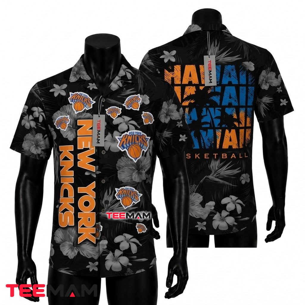 New York Knicks Hawaiian Shirt Grayscale Hibiscus Hawaii Text Front