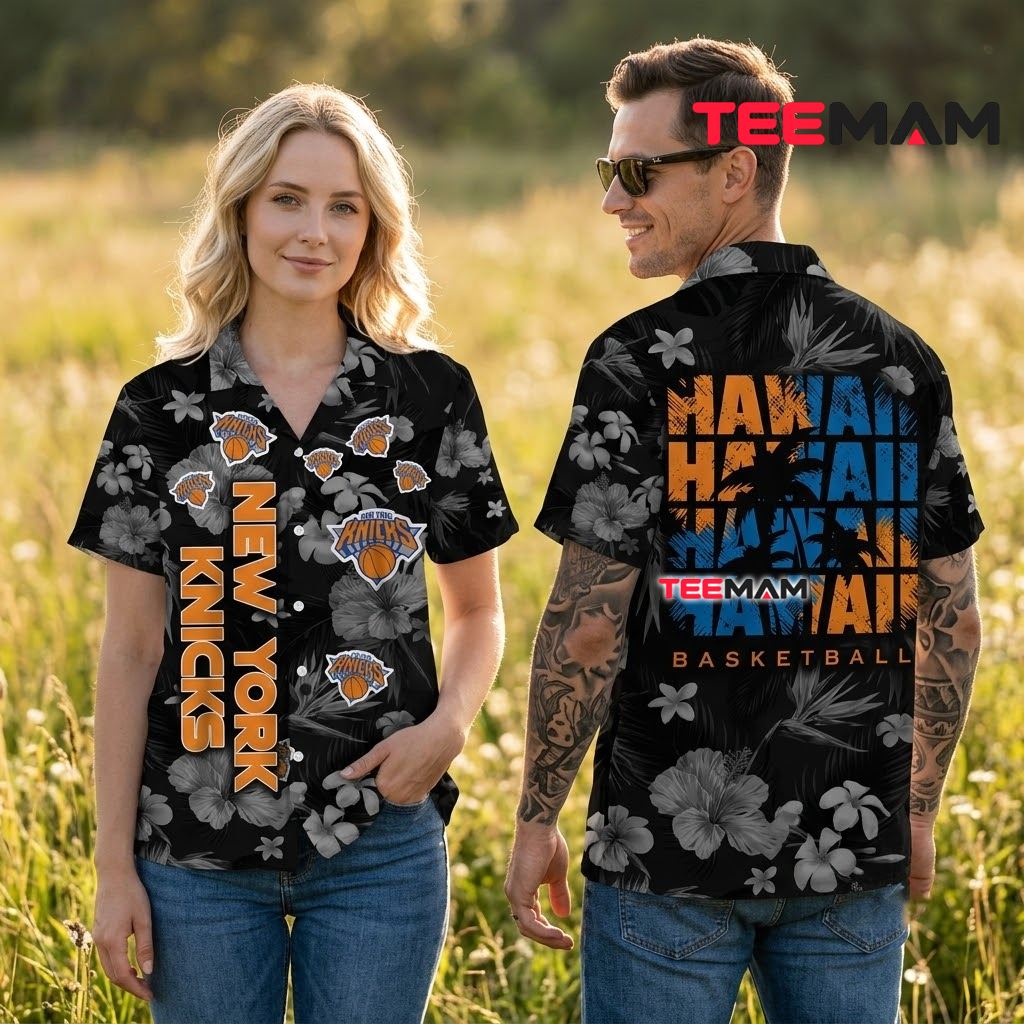 New York Knicks Hawaiian Shirt Grayscale Hibiscus Hawaii Text Back New York Knicks Hawaiian Shirt Grayscale Hibiscus Hawaii Text Back