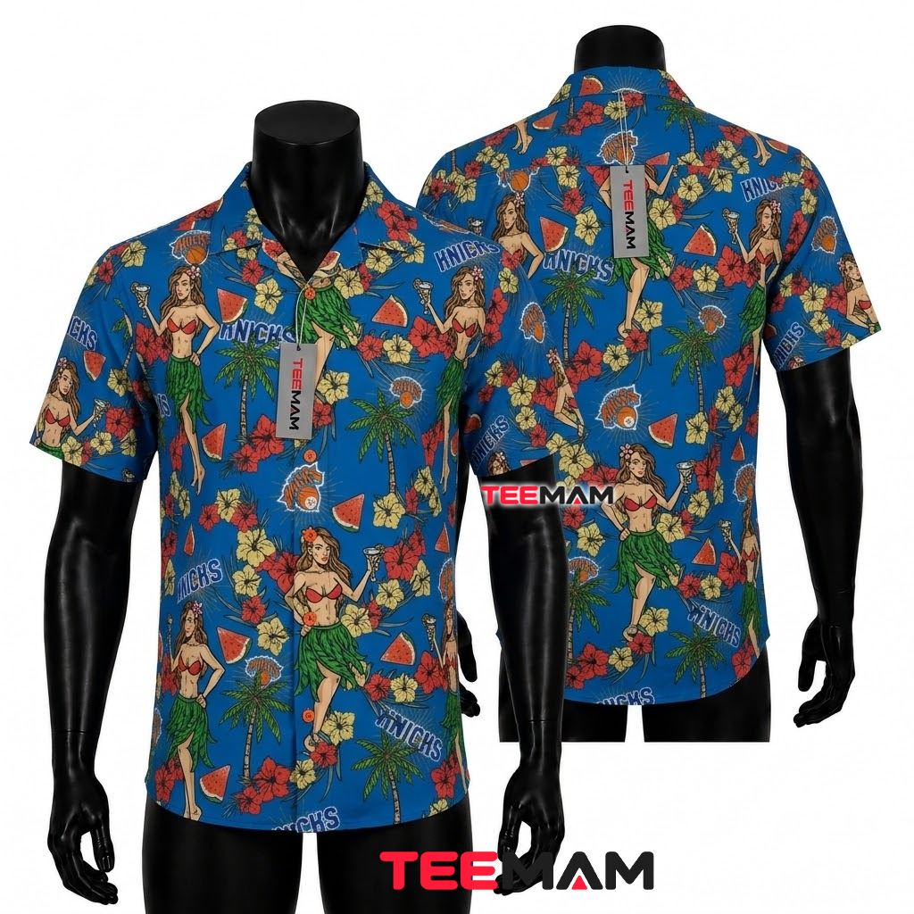 New York Knicks Hawaiian Shirt Hula Girl Watermelon Front
