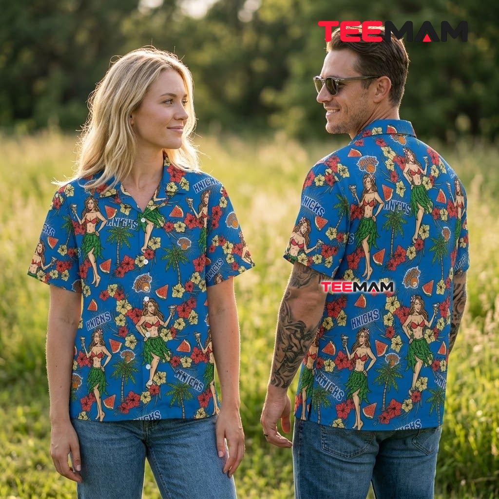 New York Knicks Hawaiian Shirt Hula Girl Watermelon Back New York Knicks Hawaiian Shirt Hula Girl Watermelon Back