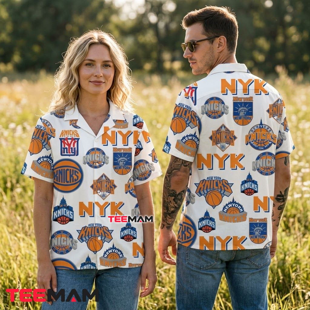 New York Knicks Hawaiian Shirt Multi Logo Collage Back New York Knicks Hawaiian Shirt Multi Logo Collage Back