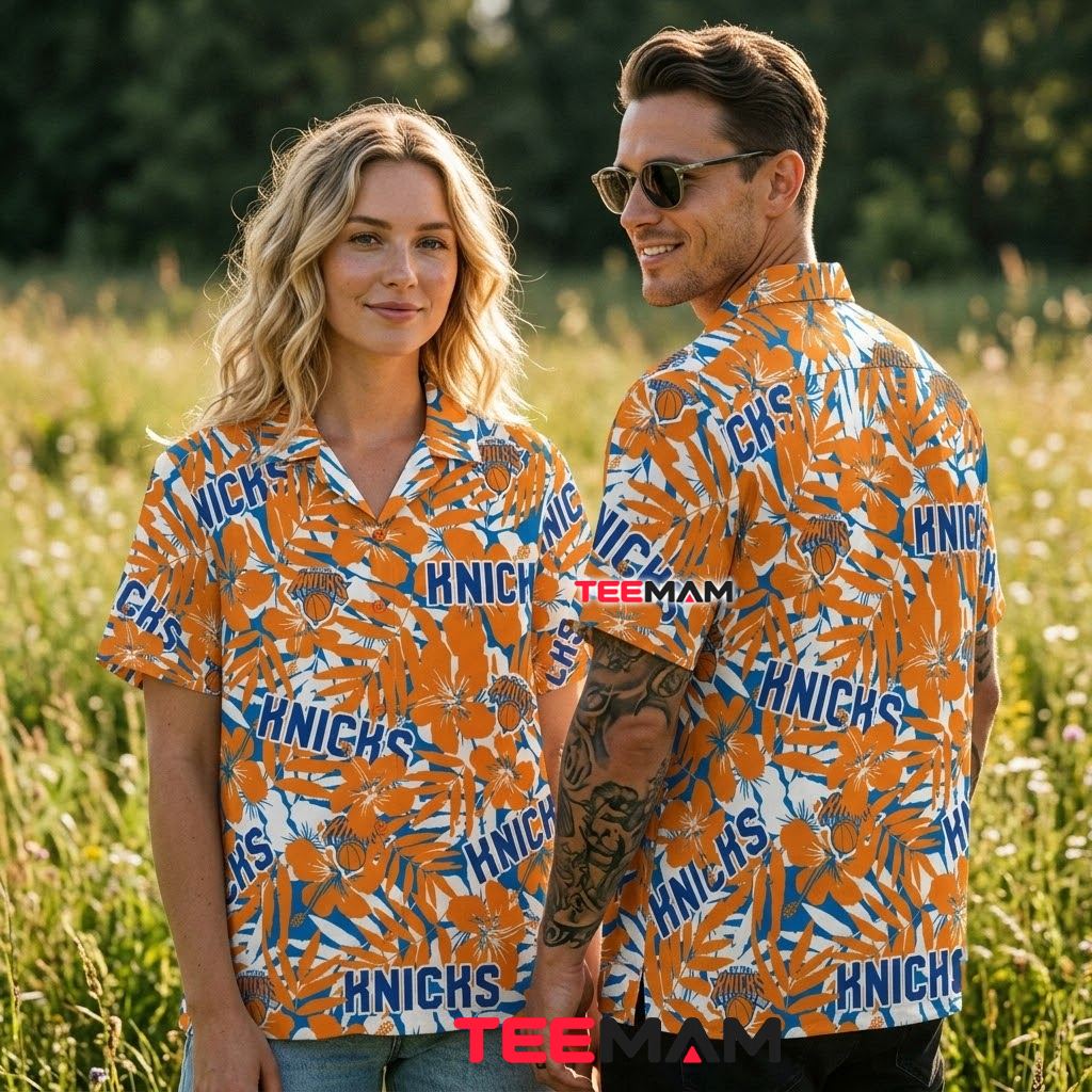 New York Knicks Hawaiian Shirt Orange Hibiscus Silhouette Back New York Knicks Hawaiian Shirt Orange Hibiscus Silhouette Back