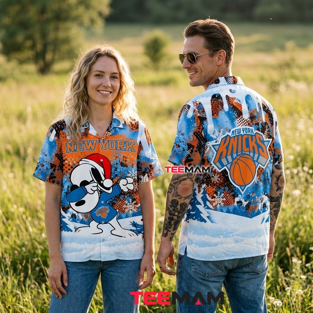 New York Knicks Hawaiian Shirt Snoopy Christmas Snow Back New York Knicks Hawaiian Shirt Snoopy Christmas Snow Back