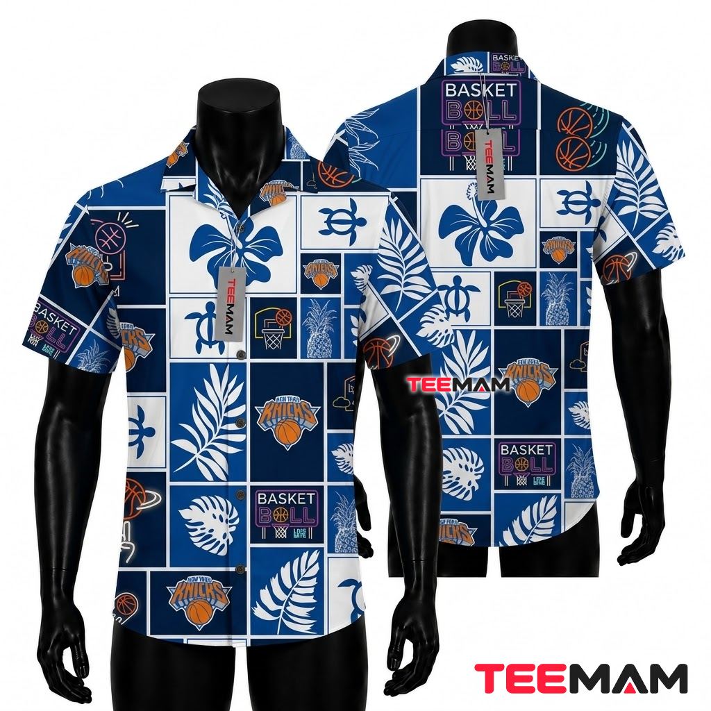 New York Knicks Tropical Shirt Patchwork Turtle Hibiscus Front