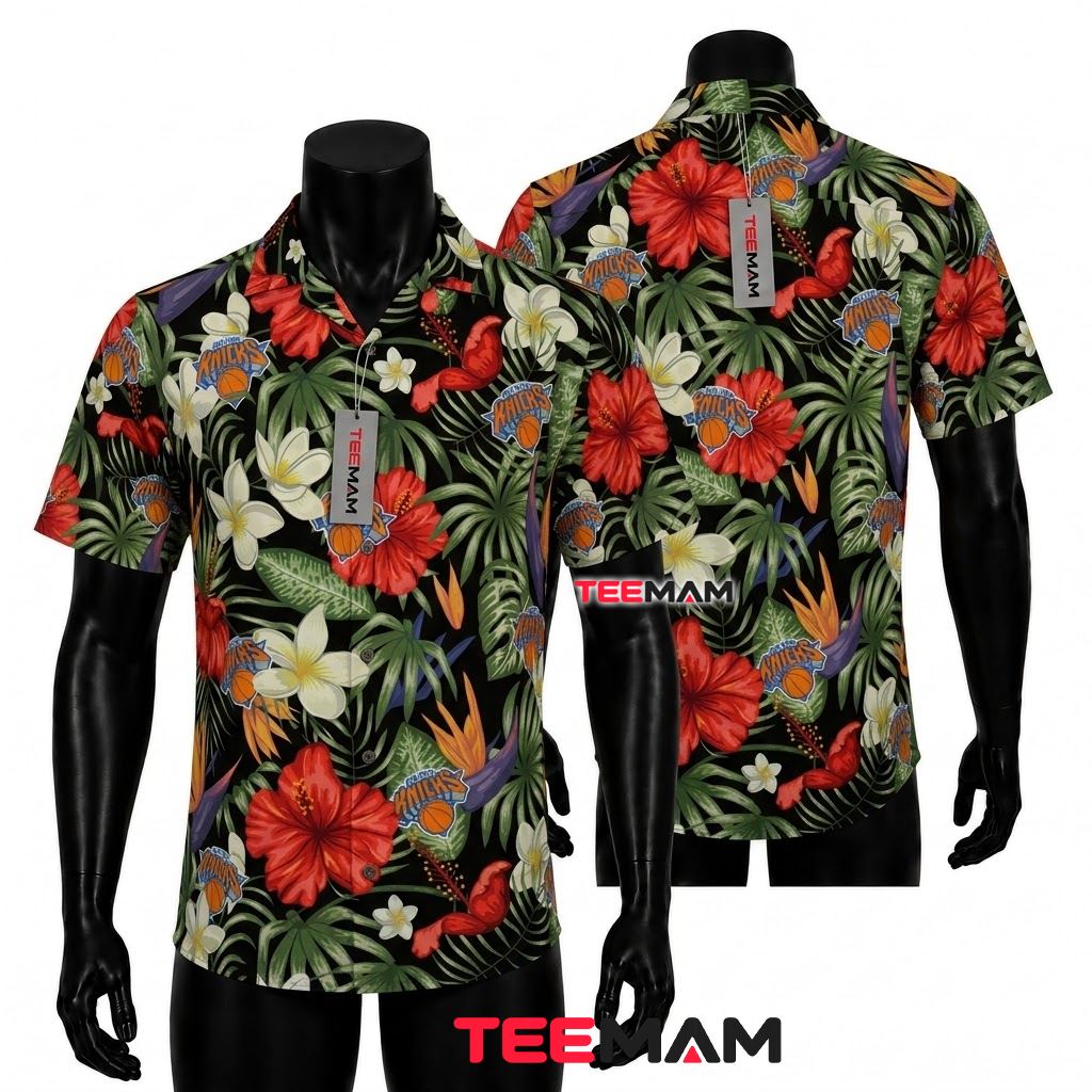 New York Knicks Tropical Shirt Red Hibiscus Palm Leaf Front