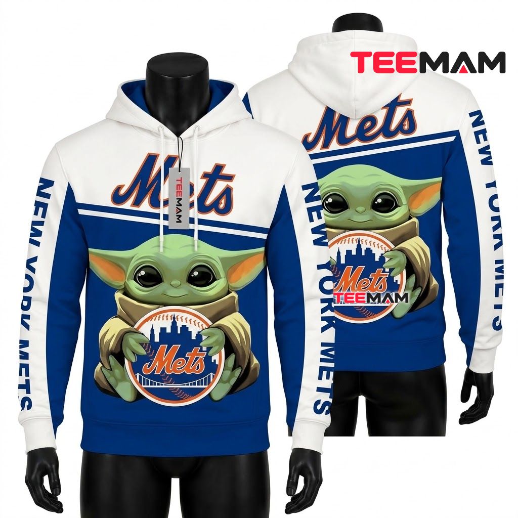 New York Mets 3D Hoodie Baby Yoda Hug Front