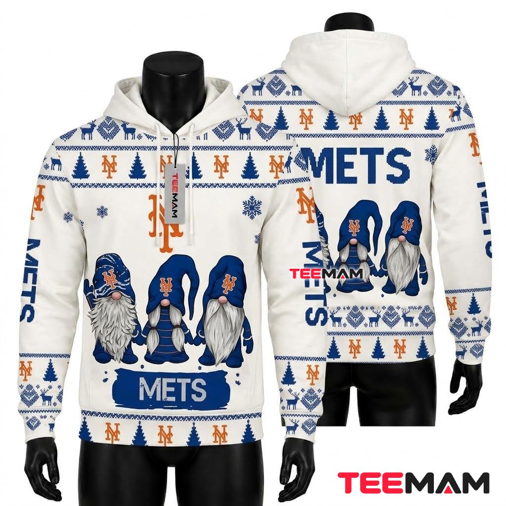 New York Mets 3D Hoodie Christmas Gnomes Snowflake Front
