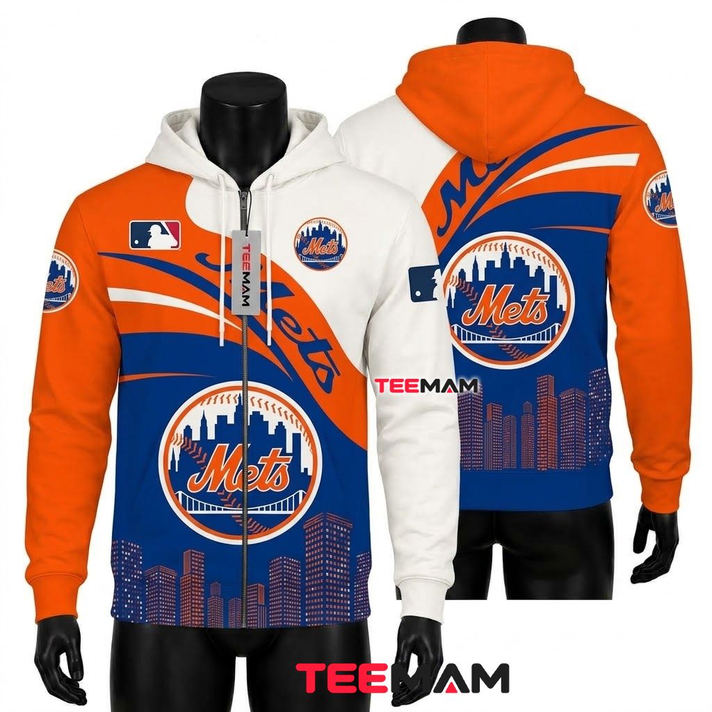 New York Mets 3D Hoodie City Skyline Stripe Front