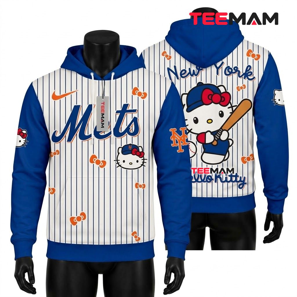 New York Mets 3D Hoodie Hello Kitty Pinstripe Baseball Front