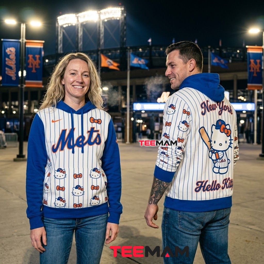 New York Mets 3D Hoodie Hello Kitty Pinstripe Baseball Back New York Mets 3D Hoodie Hello Kitty Pinstripe Baseball Back