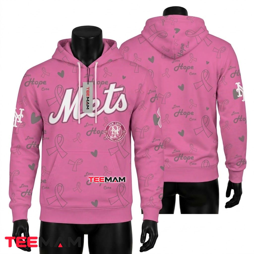 New York Mets All Over Print 3D Hoodie Breast Cancer Awareness Pink Ribbon Front