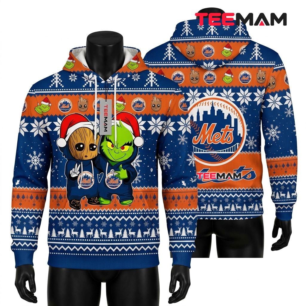 New York Mets All Over Print 3D Hoodie Grinch Christmas Snowflake Front
