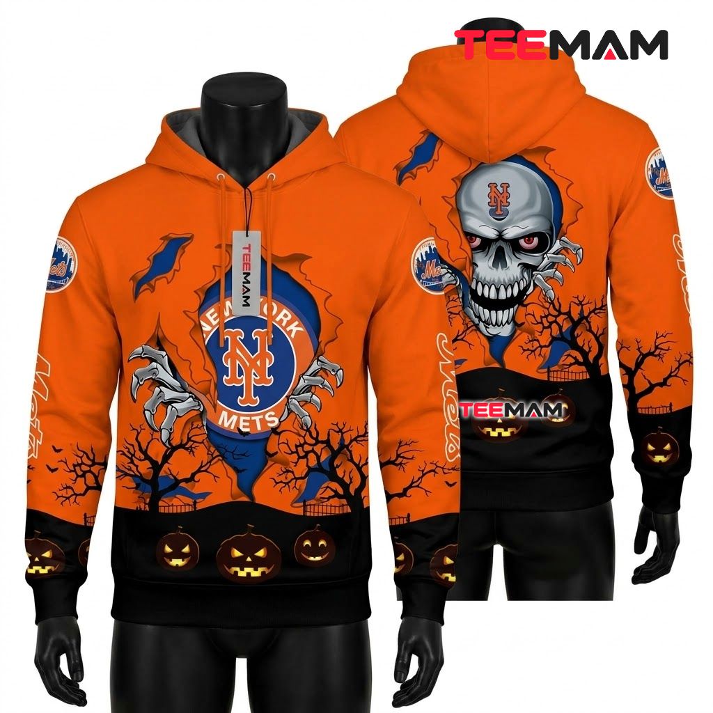 New York Mets All Over Print 3D Hoodie Halloween Skull Pumpkin Front