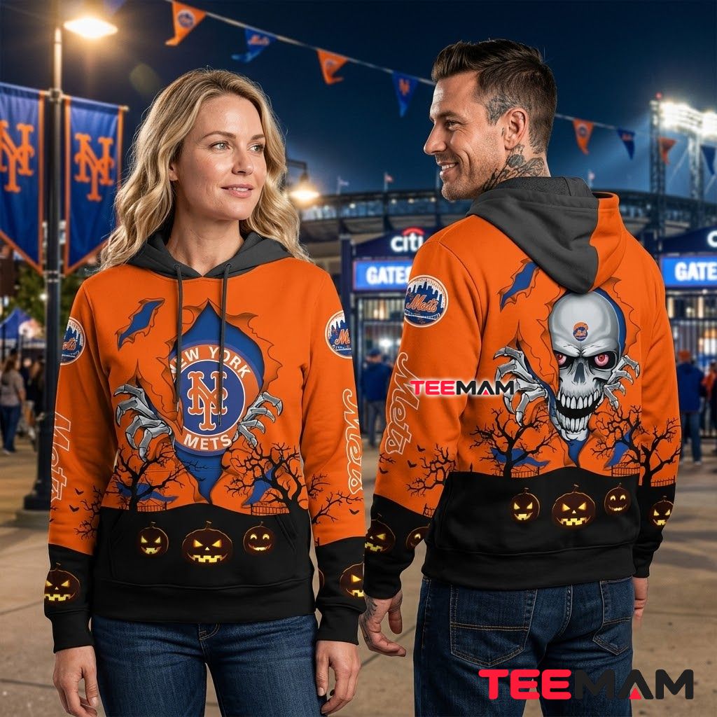 New York Mets All Over Print 3D Hoodie Halloween Skull Pumpkin Back New York Mets All Over Print 3D Hoodie Halloween Skull Pumpkin Back