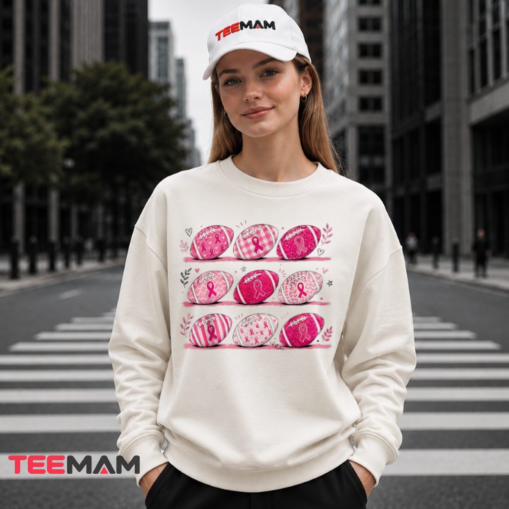 Nine Pink Footballs Pattern Ribbon Awareness Long Sleeve Nine Pink Footballs Pattern Ribbon Awareness Long Sleeve