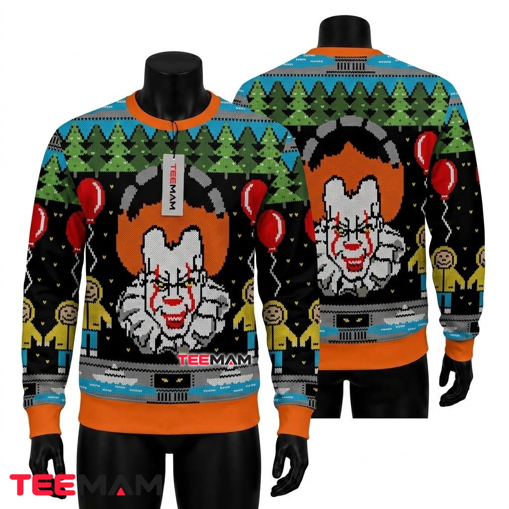 Pennywise Ugly Halloween Sweater Sewer Pixel Art Green Front