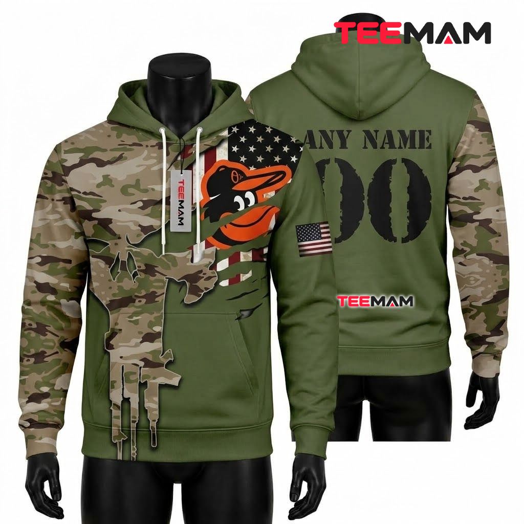 Personalized Baltimore Orioles All Over Print 3D Hoodie Skull Camo Military Green Front
