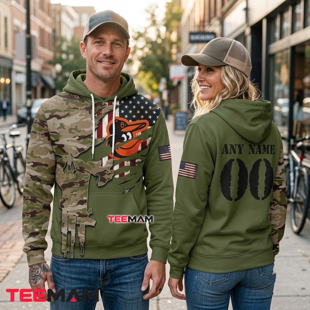 Personalized Baltimore Orioles All Over Print 3D Hoodie Skull Camo Military Green Back Personalized Baltimore Orioles All Over Print 3D Hoodie Skull Camo Military Green Back
