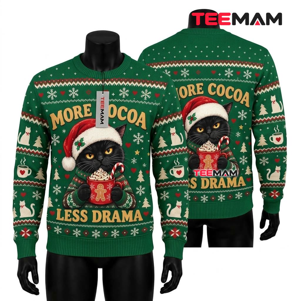 Personalized Black Cat Ugly Christmas Sweater More Cocoa Less Drama Front