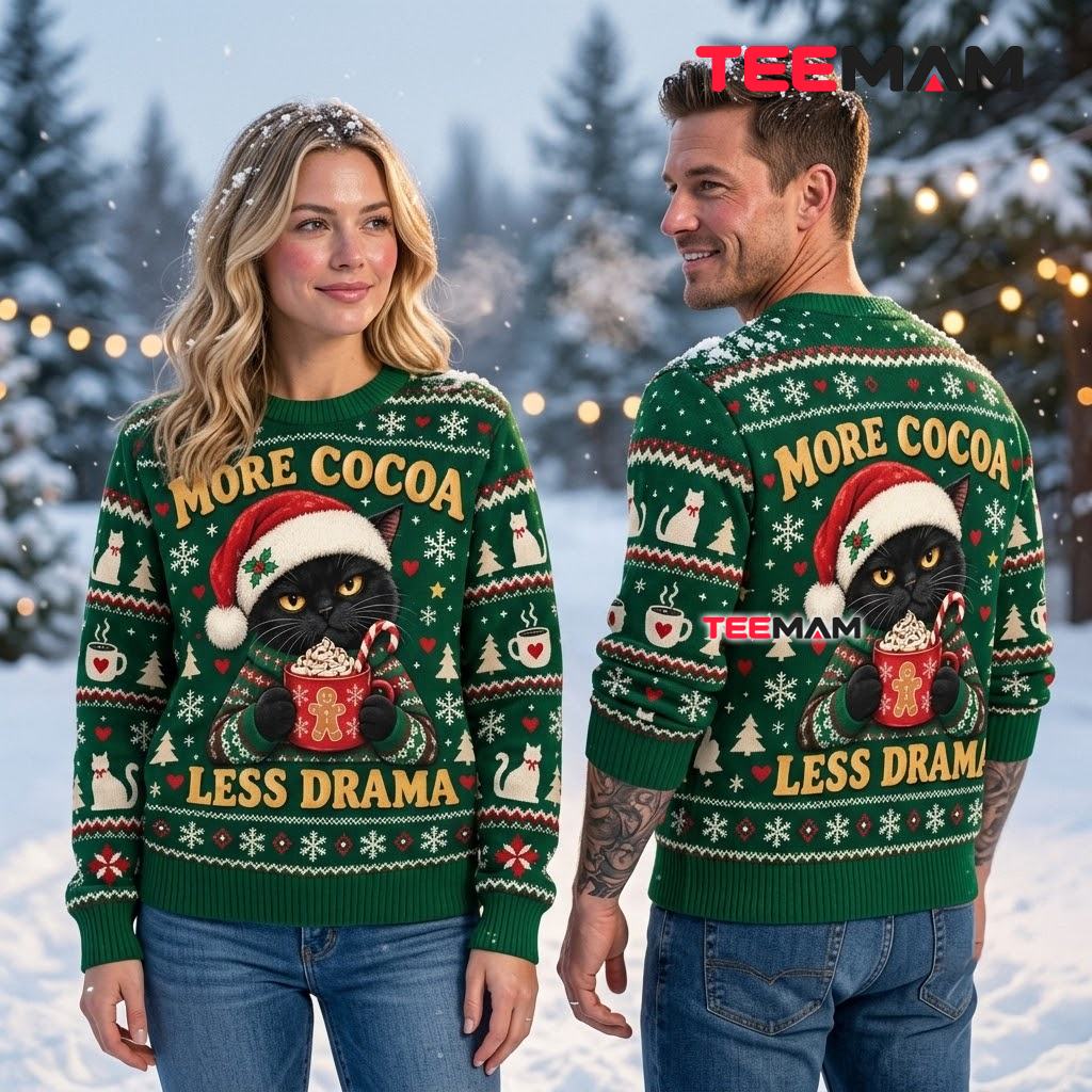 Personalized Black Cat Ugly Christmas Sweater More Cocoa Less Drama Back Personalized Black Cat Ugly Christmas Sweater More Cocoa Less Drama Back