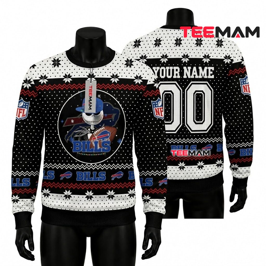 Personalized Buffalo Bills Ugly Christmas Sweater Jack Skellington Front