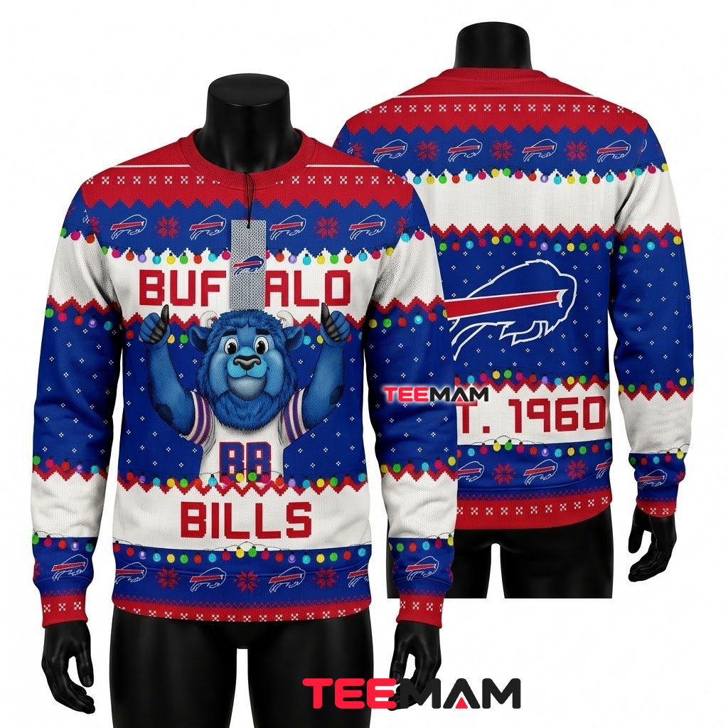 Personalized Buffalo Bills Ugly Christmas Sweater Mascot Est Front
