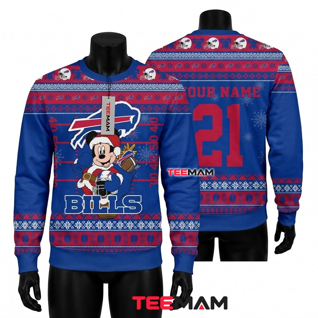 Personalized Buffalo Bills Ugly Christmas Sweater Mickey Santa Football Front