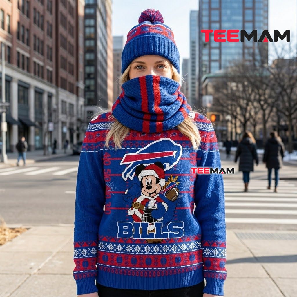 Personalized Buffalo Bills Ugly Christmas Sweater Mickey Santa Football Back Personalized Buffalo Bills Ugly Christmas Sweater Mickey Santa Football Back
