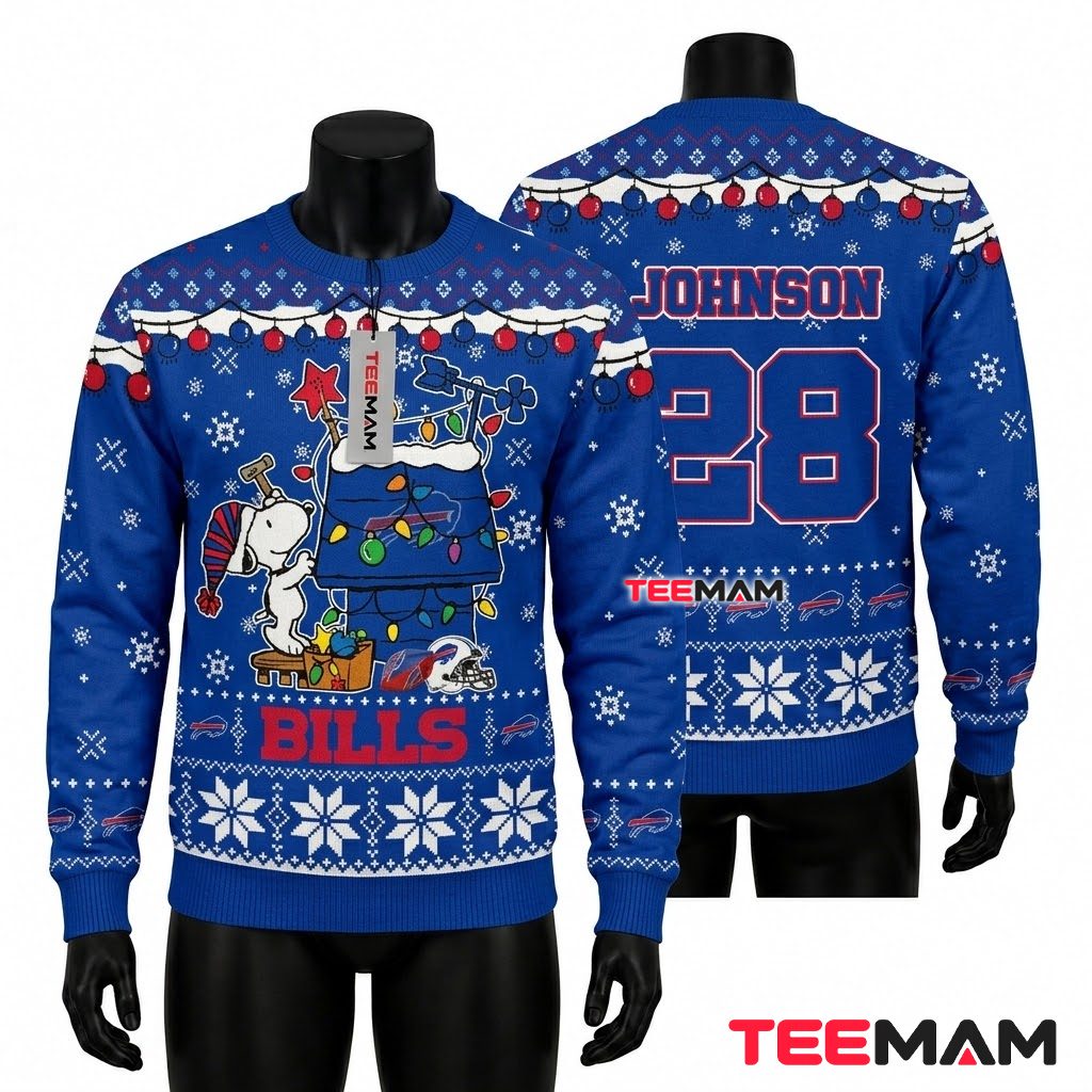 Personalized Buffalo Bills Ugly Christmas Sweater Snoopy Doghouse Front