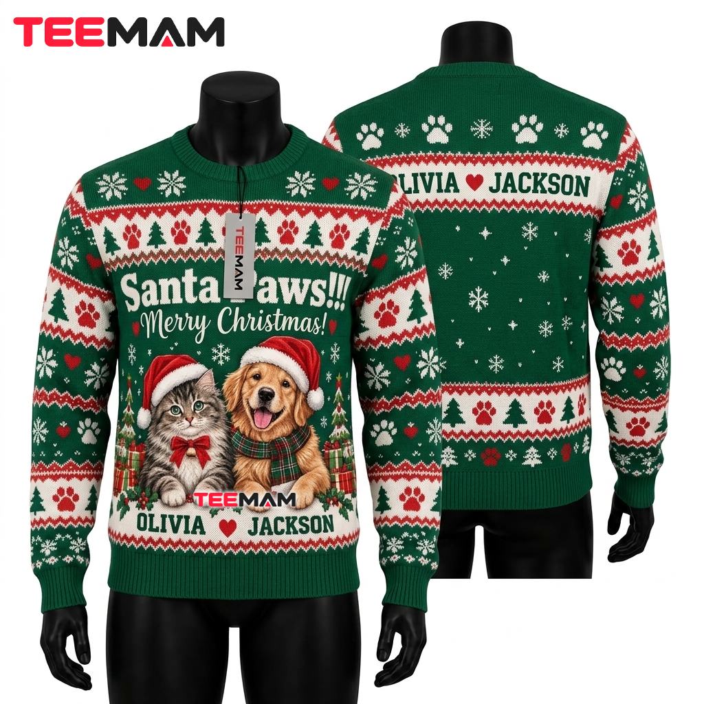 Personalized Cat And Dog Ugly Christmas Sweater Santa Paws Merry Front