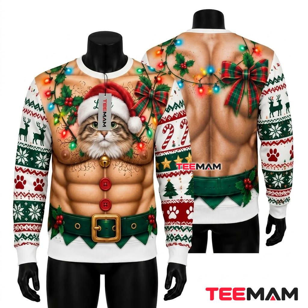 Personalized Cat Funny Muscle Body Ugly Christmas Sweater Front