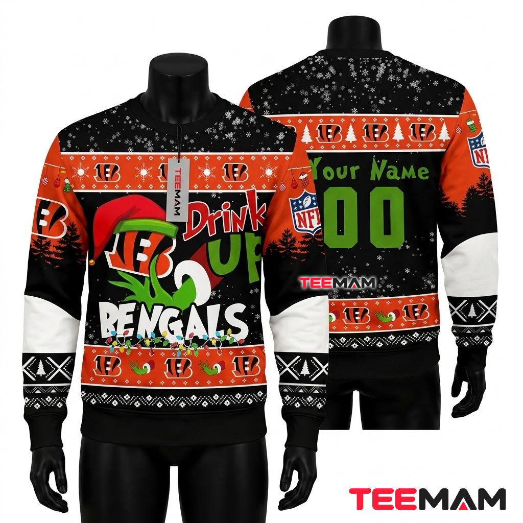 Personalized Cincinnati Bengals Ugly Christmas Sweater Grinch Drink Up Front