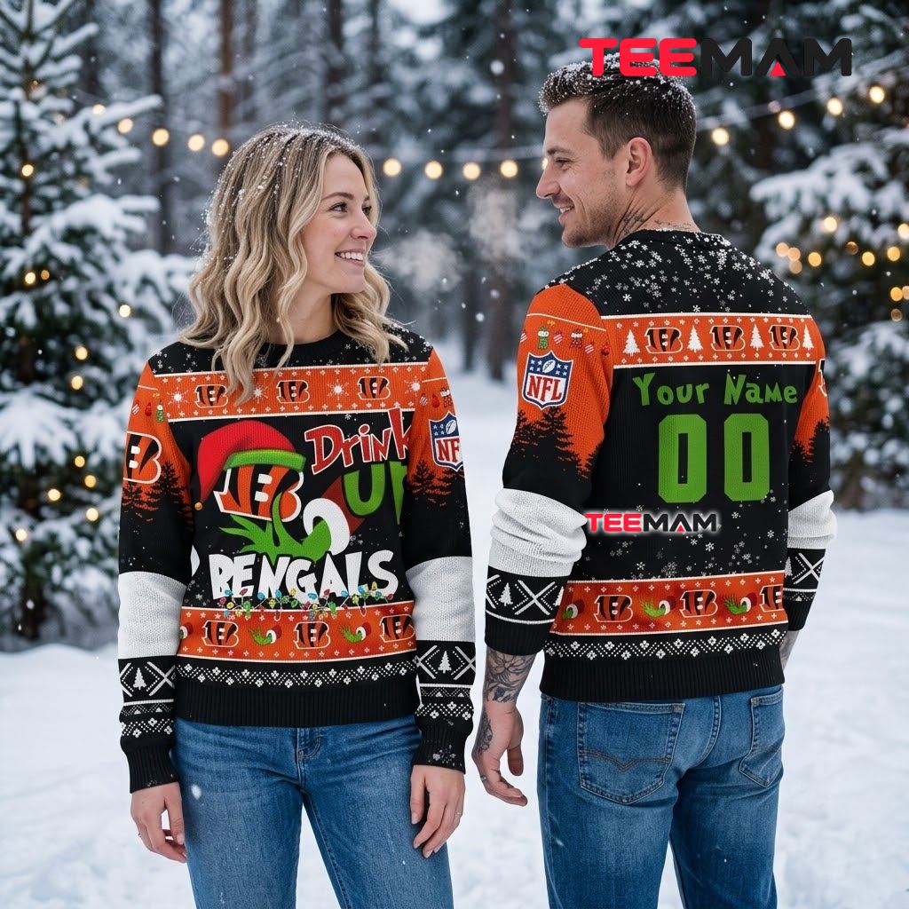 Personalized Cincinnati Bengals Ugly Christmas Sweater Grinch Drink Up Back Personalized Cincinnati Bengals Ugly Christmas Sweater Grinch Drink Up Back