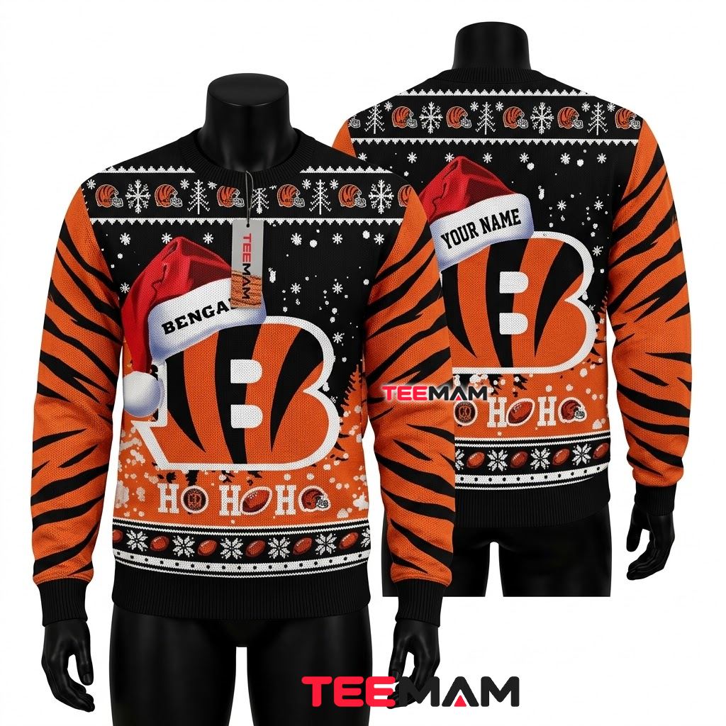 Personalized Cincinnati Bengals Ugly Christmas Sweater Santa Hat Logo Ho Ho Ho Front