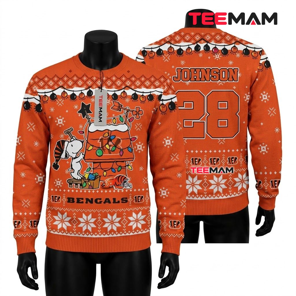 Personalized Cincinnati Bengals Ugly Sweater Christmas Snoopy Doghouse Front