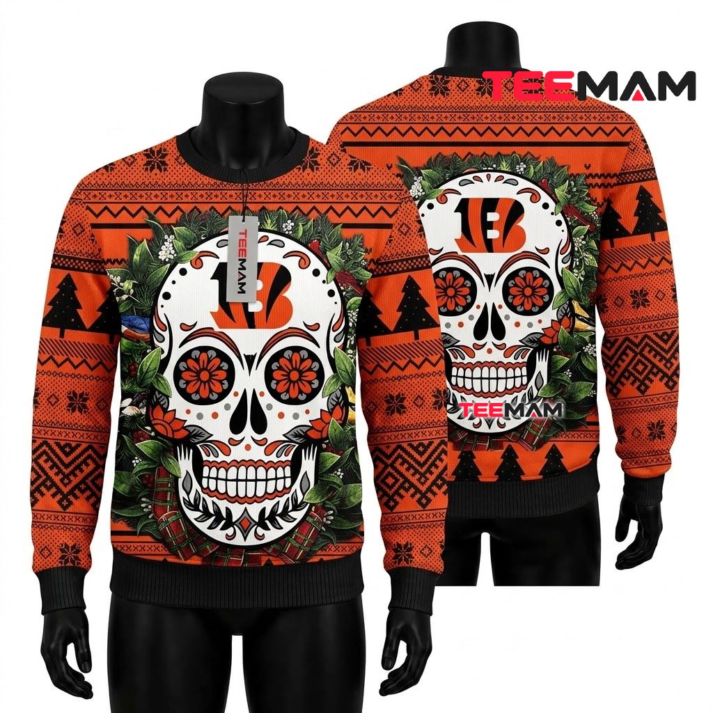Personalized Cincinnati Bengals Ugly Sweater Christmas Sugar Skull Wreath Front